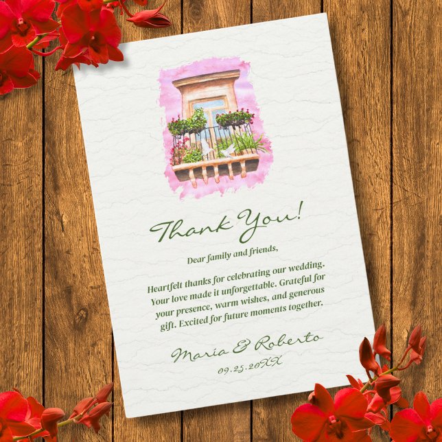 Watercolor Balcony Hacienda Mexican Wedding Dankeskarte (Von Creator hochgeladen)