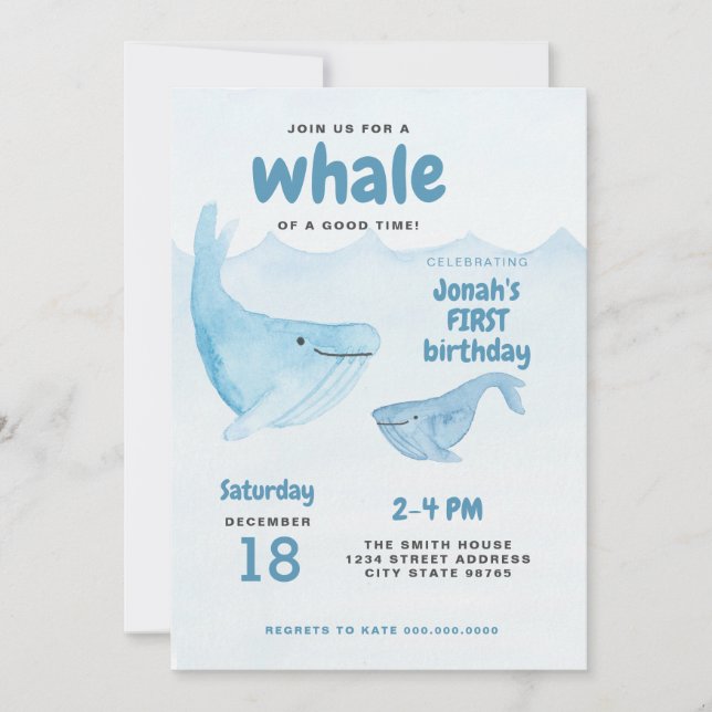 Watercolor Baleine First Birthday Party Invitation (Devant)