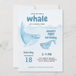 Watercolor Baleine First Birthday Party Invitation