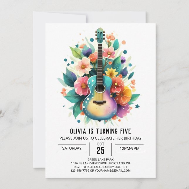Watercolor Ballad Guitar Birthday Einladung (Vorderseite)