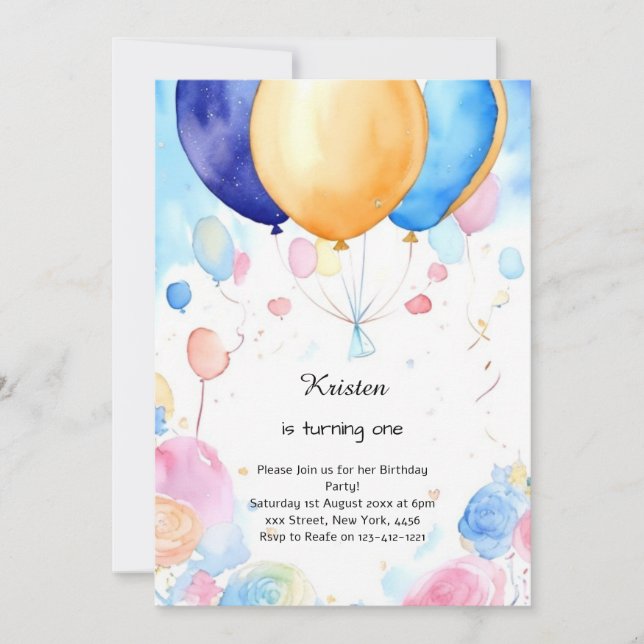 Watercolor Balloon 1er Anniversaire Invitation (Devant)