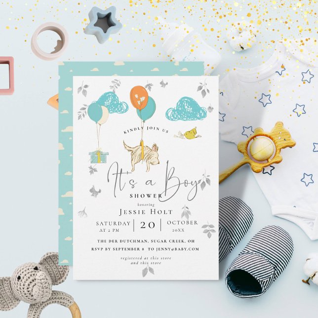 Watercolor Balloon Puppy Baby Boy Dusche Einladung (Darling Baby Boy Shower with floating balloons and puppy.)