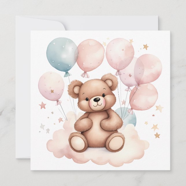 Watercolor Balloon Teddy Bear Einladung (Vorderseite)