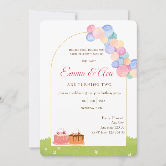 Watercolor Balloon Twin Party Invitation Einladung (Vorderseite)