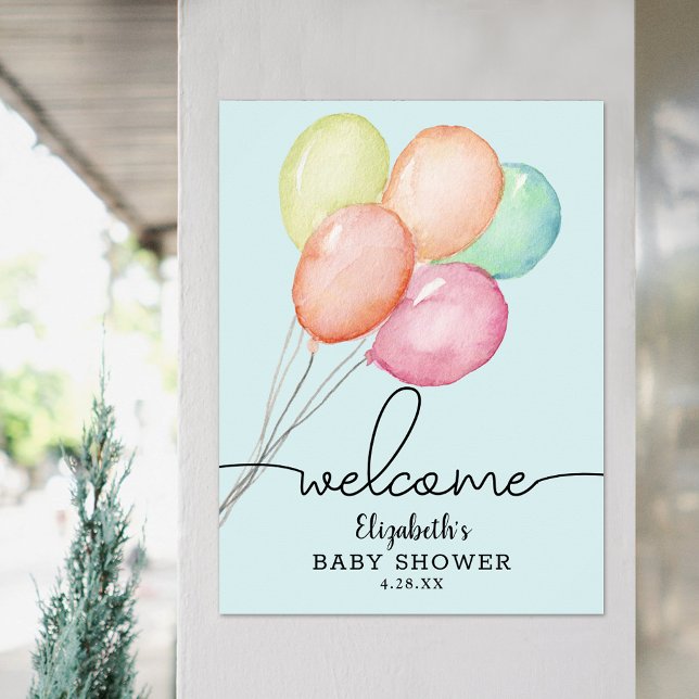 Watercolor Balloons Boy Baby Dusche Willkommen Poster (Watercolor balloons on blue boy baby shower welcome poster, PRINTED and/or INSTANT DOWNLOAD)