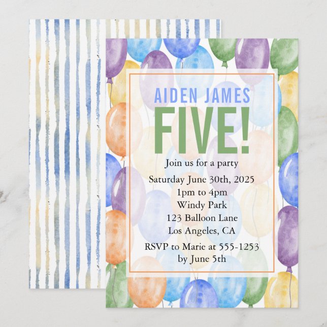 Watercolor Balloons Boy Birthday Einladung (Vorne/Hinten)
