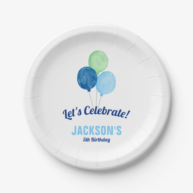 Watercolor Balloons Boy Birthday Pappteller (Vorderseite)