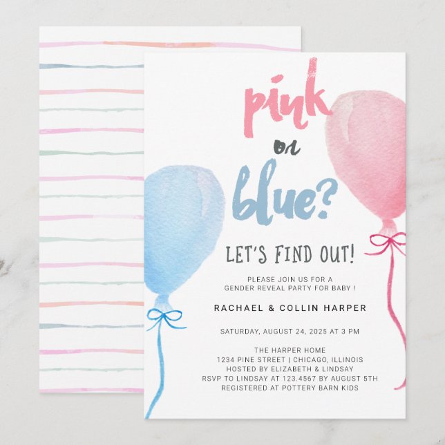 Watercolor Balloons Gender Reveal Baby Shower Einladung (Vorne/Hinten)