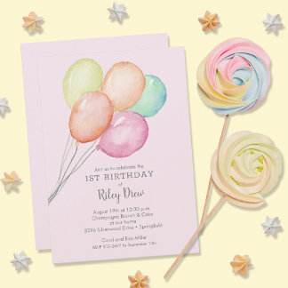 Watercolor Balloons Girl 1. Geburtstag Einladung