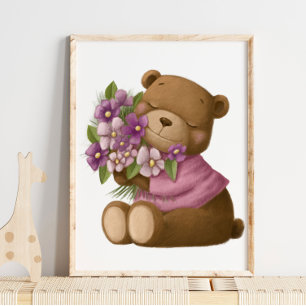 Watercolor-Bär-Blumen Bär-Wandbild Poster