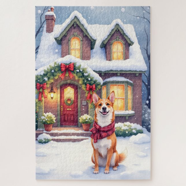 Watercolor Basenji Townhouse Christmas Holiday (Vertikal)