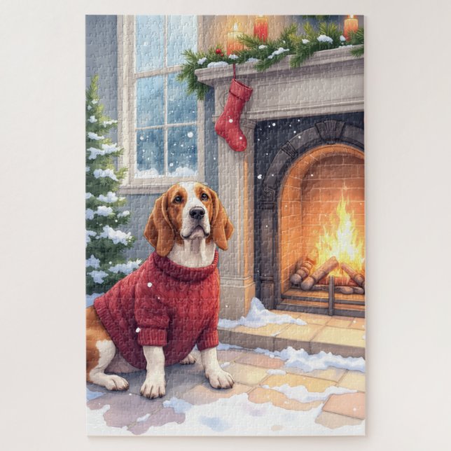 Watercolor Basset Hound Cozy Fireplace Christmas (Vertikal)