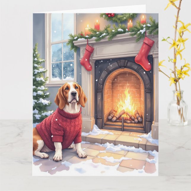 Watercolor Basset Hound Cozy Fireplace Christmas Karte (Gelbe Blume)