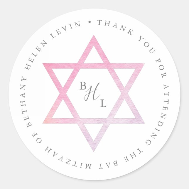 Watercolor Bat Mitzvah Vielen Dank Runder Aufkleber (Vorderseite)