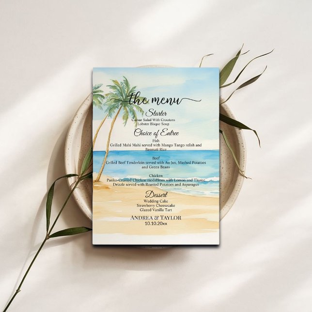 Watercolor Beach and Palm Trees Wedding Menu Menükarte (Von Creator hochgeladen)