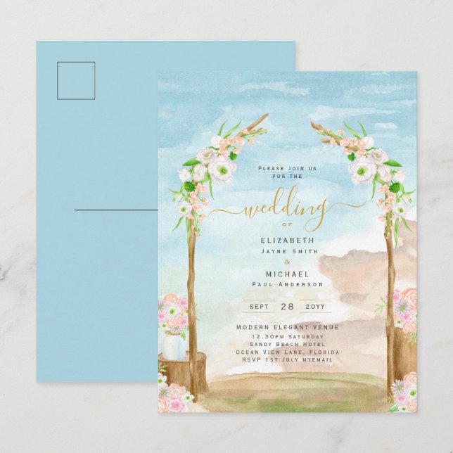 Watercolor Beach Coastal Hochzeit Einladung Postkarte (Vorne/Hinten)