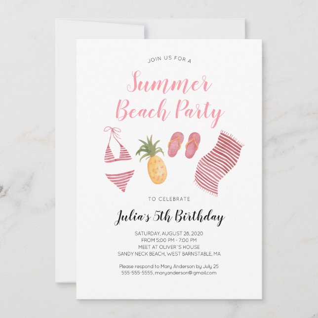 Watercolor Beach Invitation de fête d'anniversaire (Devant)
