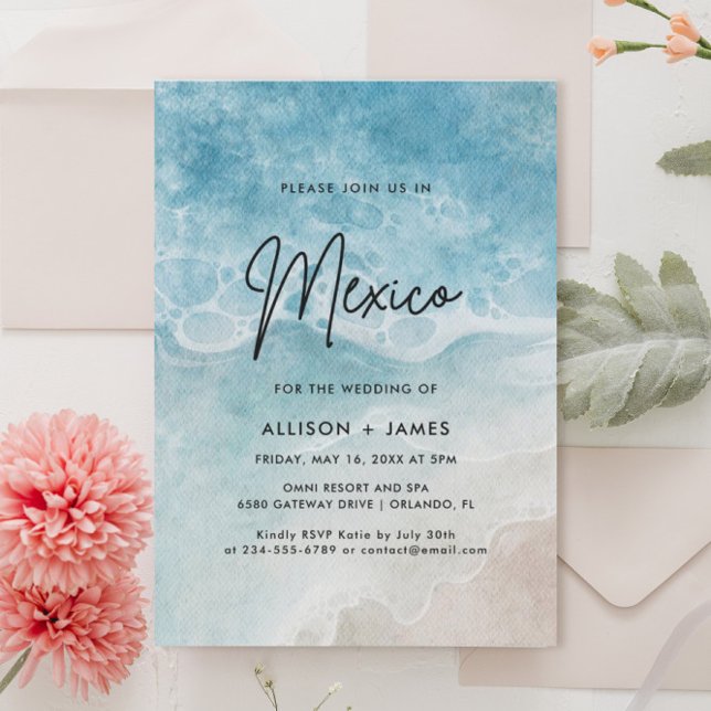 Watercolor Beach MexiqueMariage Invitation (Créateur téléchargé)
