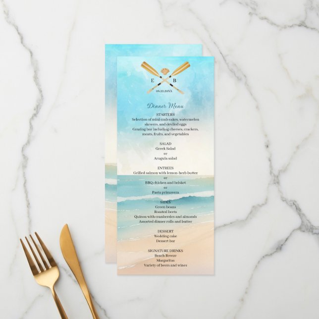 Watercolor Beach Oars Wedding Menükarte (Vorderseite/Rückseite Beispiel)