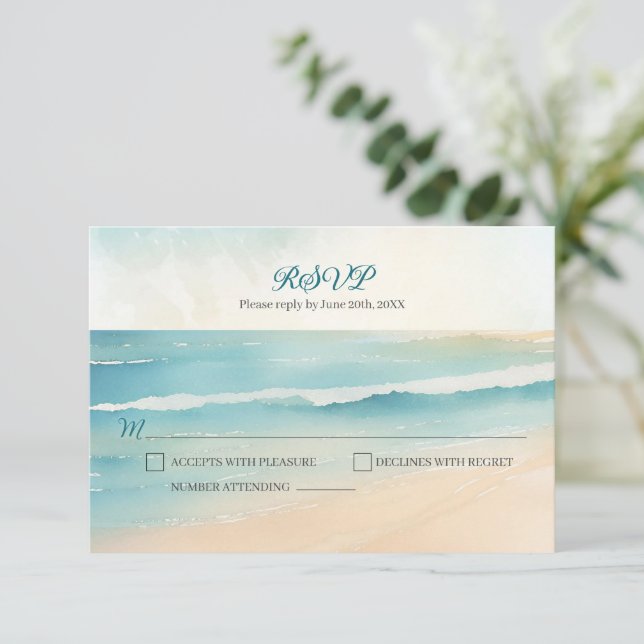 Watercolor Beach Oars Wedding RSVP Antwort (Stehend Vorderseite)