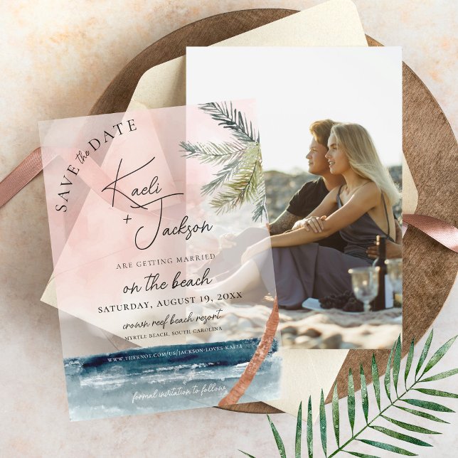 Watercolor Beach Palmen Hochzeiten speichern das D (Elegant watercolor beach theme ocean palm tree pink navy wedding save the date vellum photo overlay )
