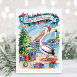Watercolor Beach Pelican Weihnachtskarte Feiertagskarte<br><div class="desc">Whimsical Aquarellpelican Weihnachtskarte. Personalisieren Sie mit Ihrem eigenen Grußtext.</div>
