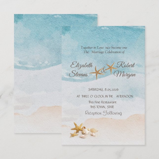 Watercolor Beach Seashells Sand Wedding  Einladung (Vorne/Hinten)