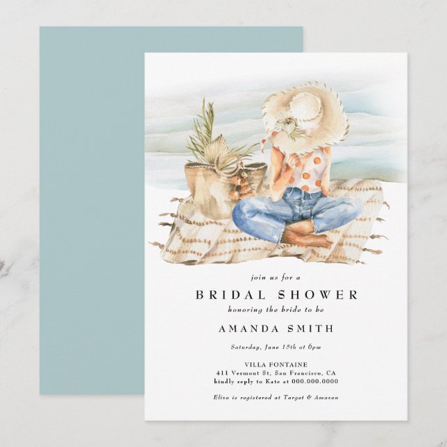 Watercolor Beach Sommer Tropisches Brautparty Einladung (Vorne/Hinten)