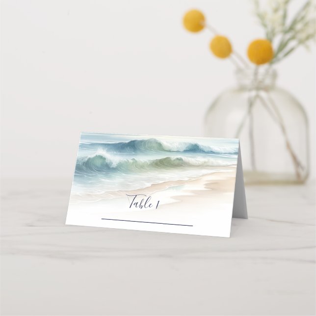 Watercolor Beach wacht rustikale Hochzeitssitze Platzkarte (Vorderseite)