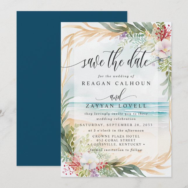 Watercolor Beach Wedding Enregistrer La Carte Date (Devant / Derrière)