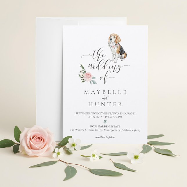 Watercolor Beagle Dog Pet & Floral Pink Rose Einladung (Watercolor Beagle Dog Pet & Floral Pink Rose Invitation)