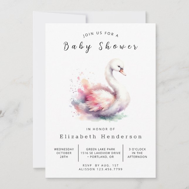 Watercolor-bedienerfreundliche Swan-Babydusche Einladung (Vorderseite)