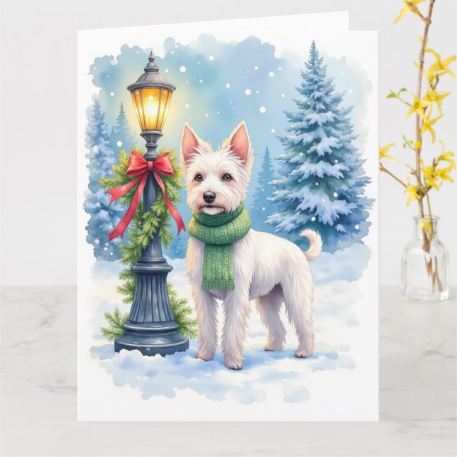 Watercolor Bedlington Terrier Lamppost Christmas Karte (Gelbe Blume)