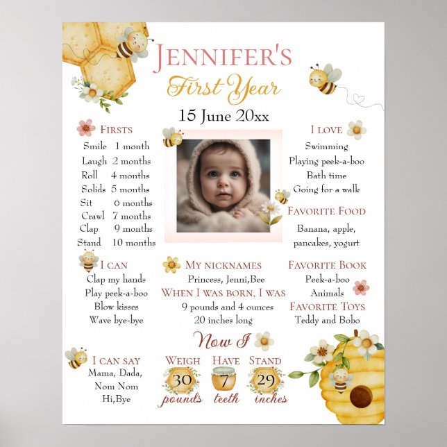 Watercolor Bee First Birthday Milestone Poster (Vorne)