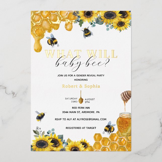 Watercolor Bee Gender Reveal Gold Folieneinladung (Vorderseite)