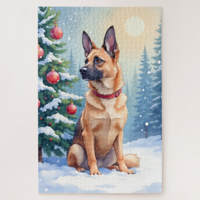 Watercolor Belgian Malinois Evergreen Christmas (Vertikal)
