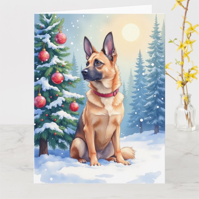 Watercolor Belgian Malinois Evergreen Christmas Karte (Gelbe Blume)