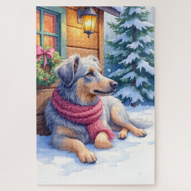 Watercolor Bergamasco Shepherd Cabin Christmas (Vertikal)