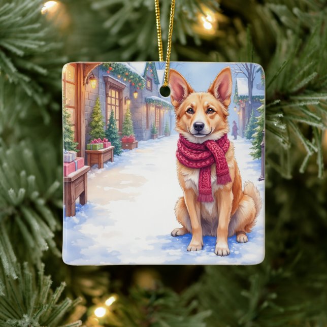 Watercolor Berger Picard Village Square Christmas  Keramikornament (Baum)