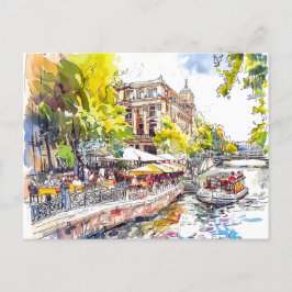 Watercolor Berlin Mitte Spree River Café Postkarte