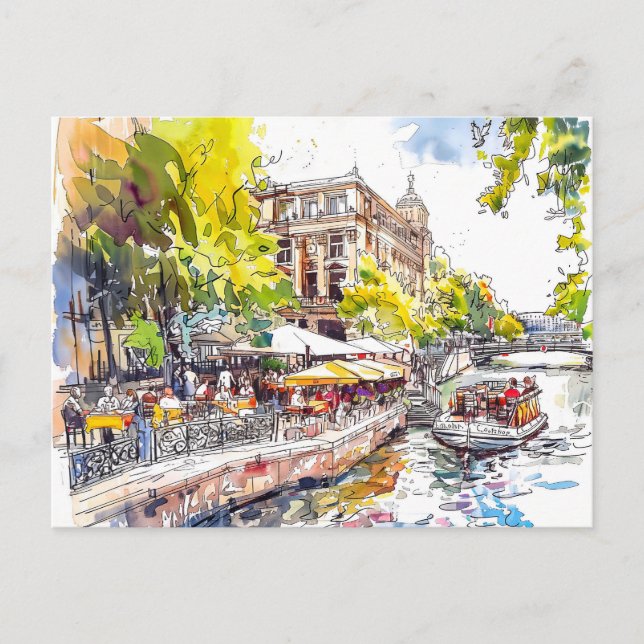 Watercolor Berlin Mitte Spree River Café Postkarte (Vorderseite)