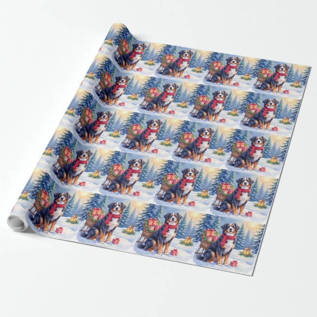 Watercolor Bernese Mountain Dog Sleigh Christmas Geschenkpapier (Ungerollt)