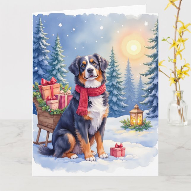 Watercolor Bernese Mountain Dog Sleigh Christmas Karte (Gelbe Blume)