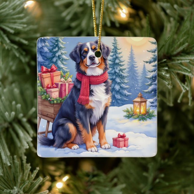 Watercolor Bernese Mountain Dog Sleigh Christmas Keramikornament (Baum)