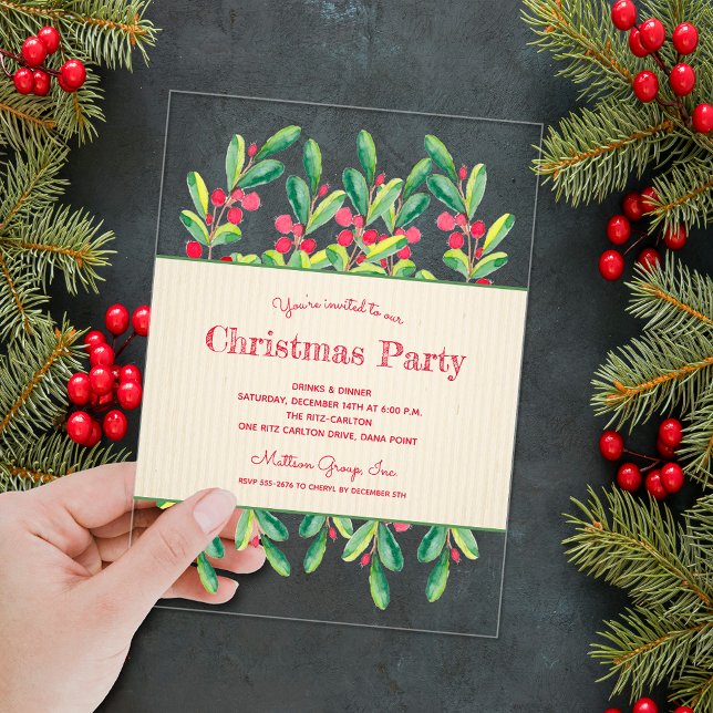 Watercolor Berries and Branches Christmas Acryleinladungen (Watercolor berries and branches ACRYLIC Christmas party invitations)
