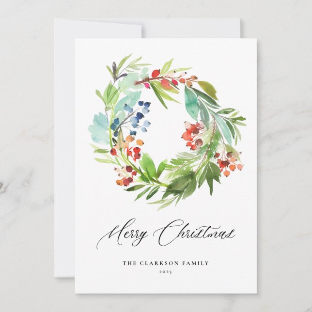 Watercolor Berries Grüne Wreath Frohe Weihnachten (Vorderseite)