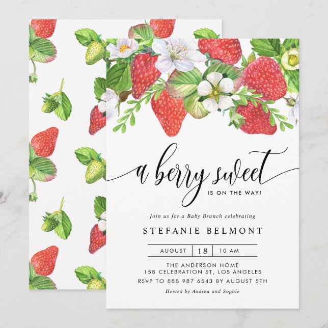 Watercolor Berry Sweet Strawberries Baby Brunch Einladung (Vorne/Hinten)