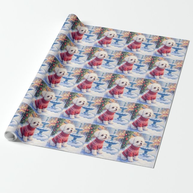 Watercolor Bichon Frise Festive Fountain Christmas Geschenkpapier (Ungerollt)