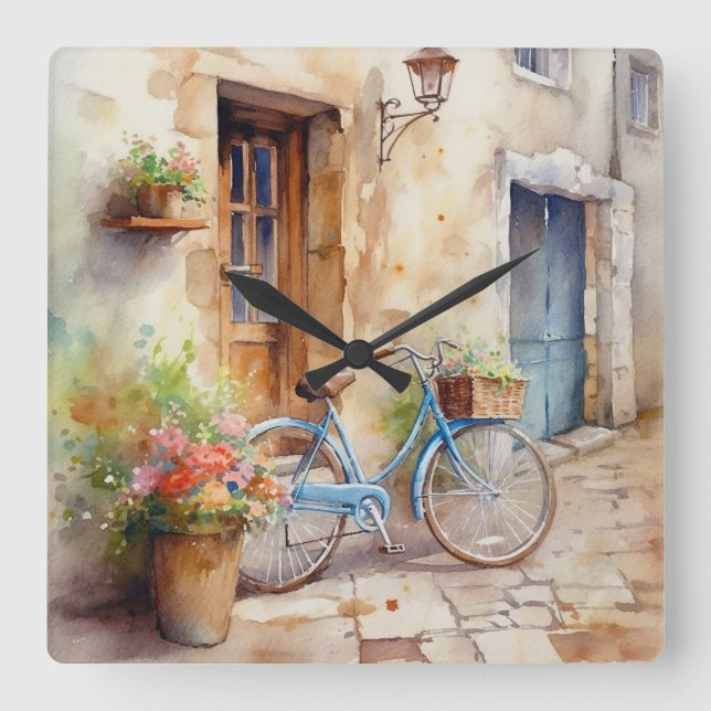 Watercolor Bicycle Art Wall Quadratische Wanduhr (Vorderseite)