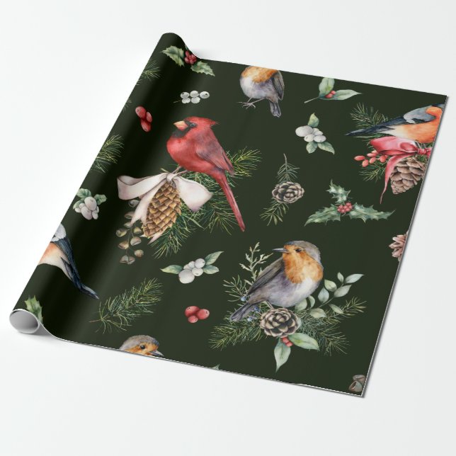 Watercolor Birds Weihnachtsmuster Geschenkpapier (Ungerollt)